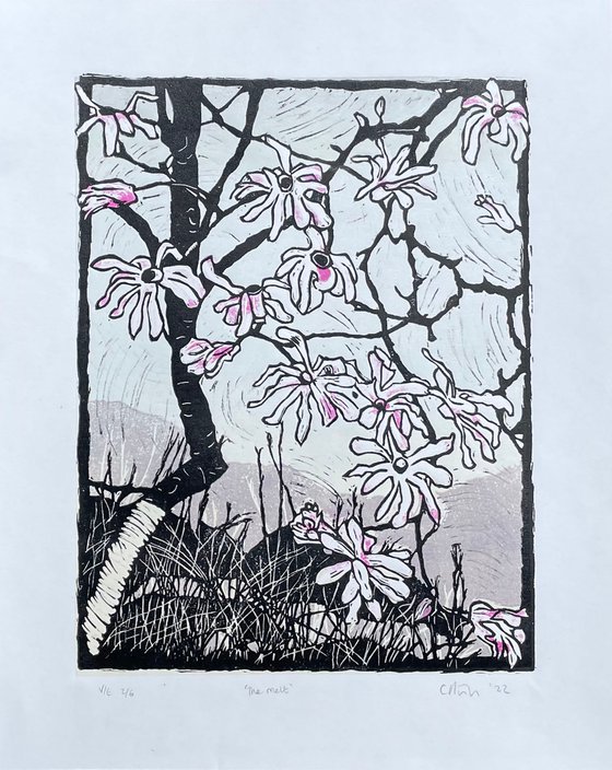 The Melt - Magnolia Blossom Contemporary Linocut Print