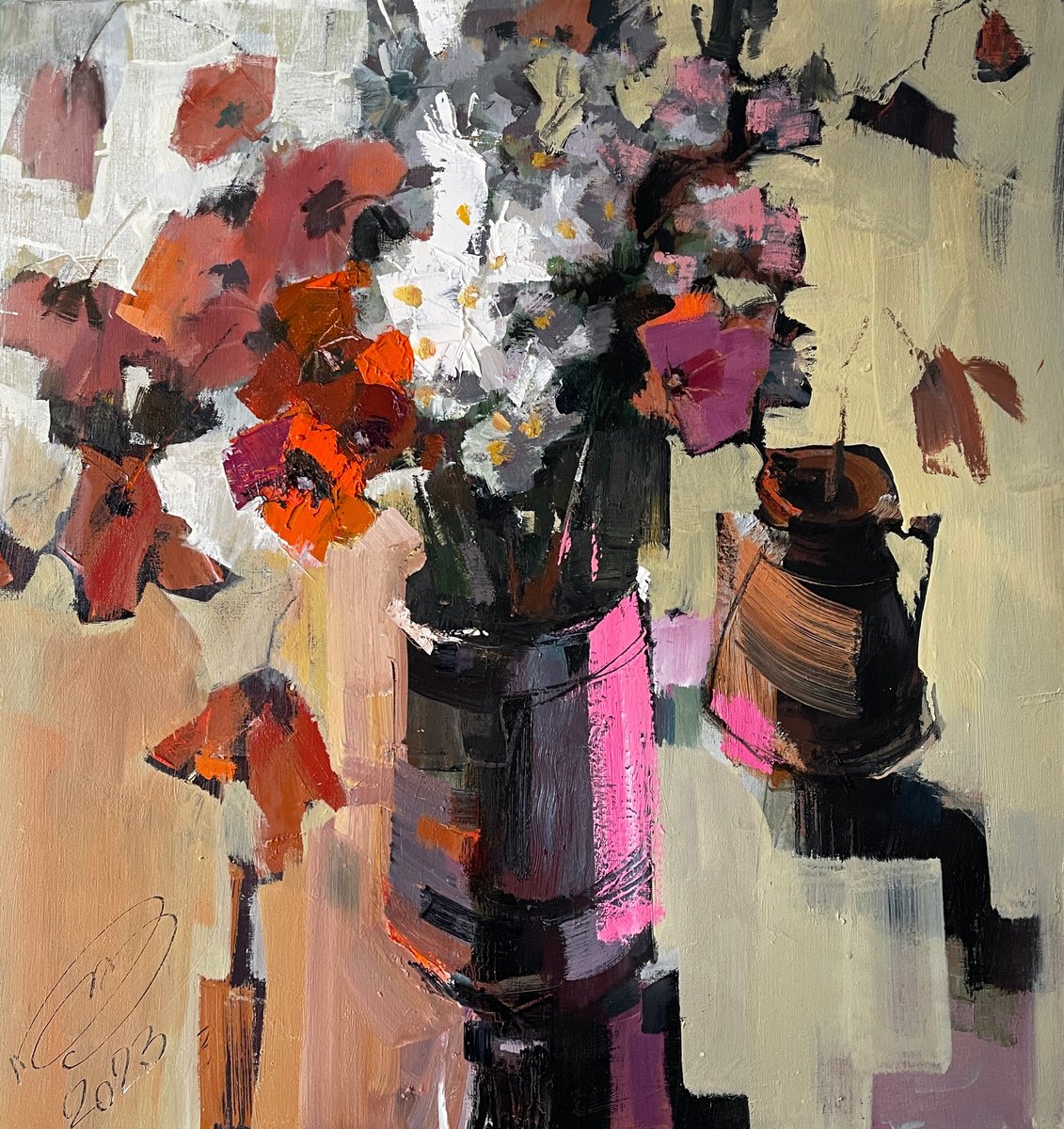 Expressive Botanical Oil Painting By Igor Yuryev, 28 X 28, Sad Still Life, Original Artwork