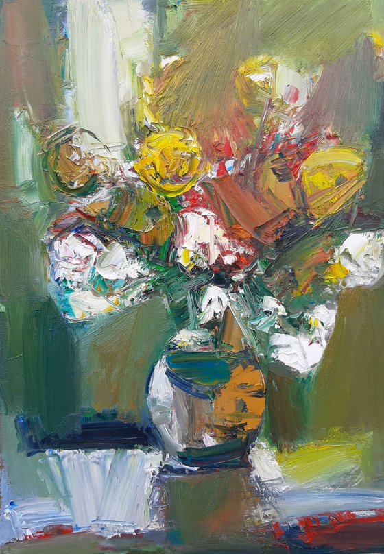 Still life - flowers, 33x50cm, oil painting, palette knife