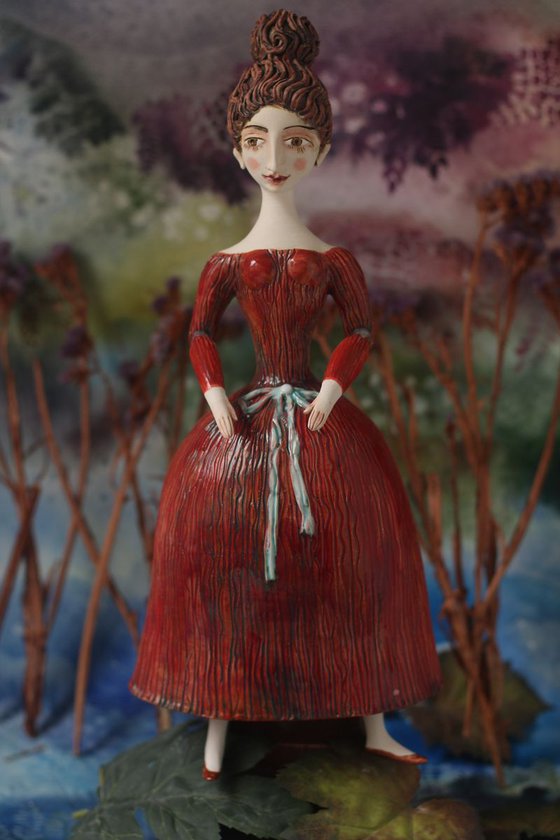 Beautiful Dame with Twirled Updo in Red Dress.  Wall sculpture by Elya Yalonetski