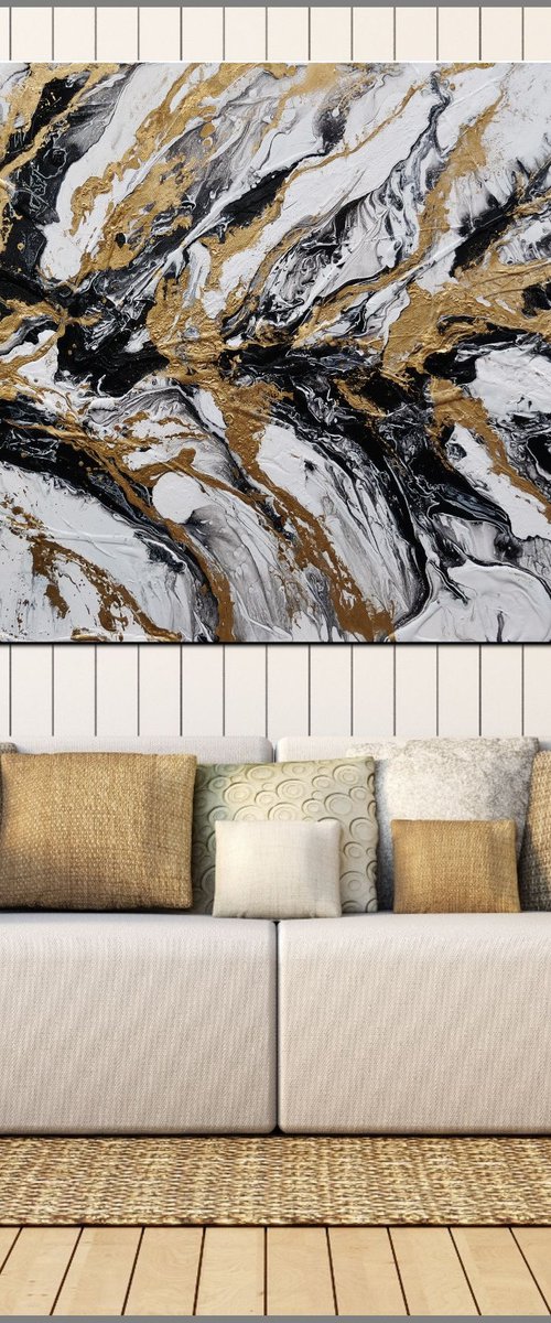 Glitz 190cm x 100cm Black White Gold Textured Abstract Art by Franko
