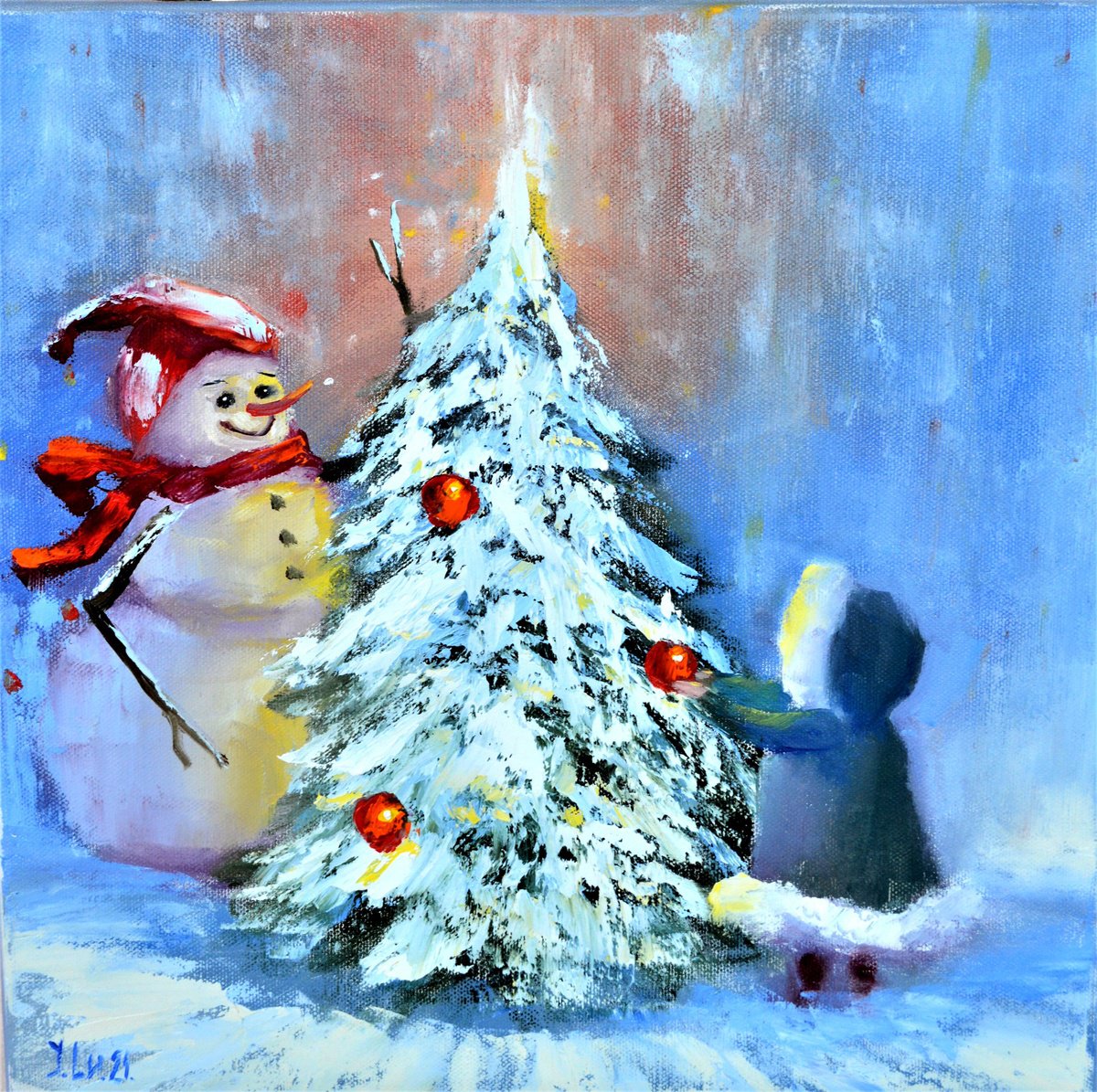 Impressionistic Landscape Oil Painting By Elena Lukina, 12 X 12, Light The Christmas Tree!, Original Artwork