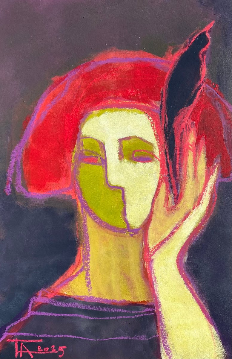 Expressive Portrait Pastel Drawing By Tatjana Auschew, 13 X 20", Evening Song., Original Artwork