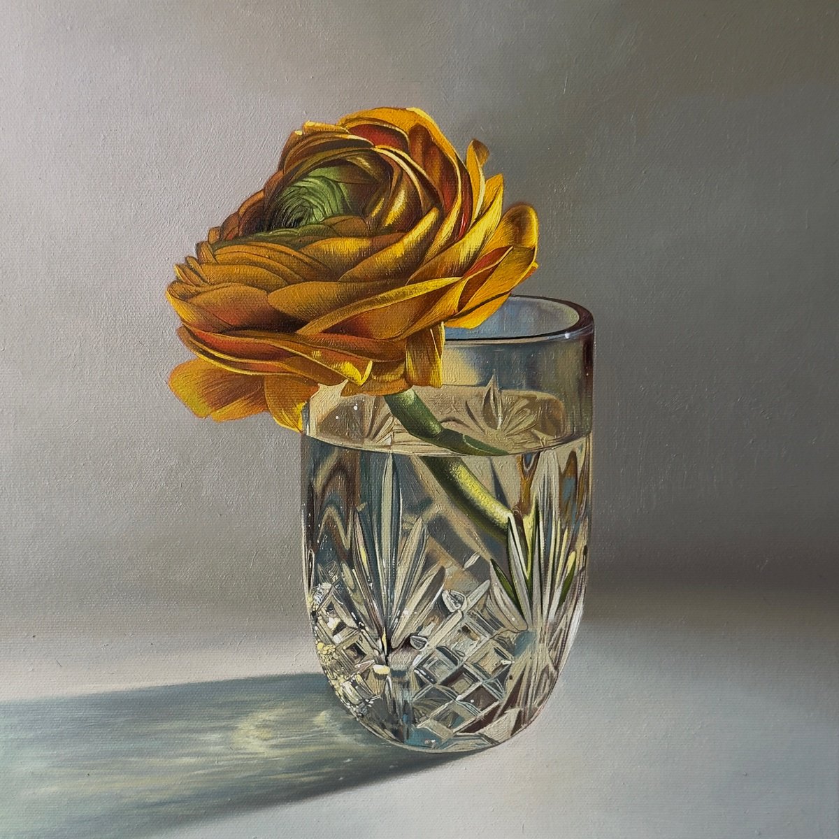 Photorealistic Botanical Oil Painting By Anastasia Parfilo, 14 X 14, October Flower In A Glass, Original Artwork