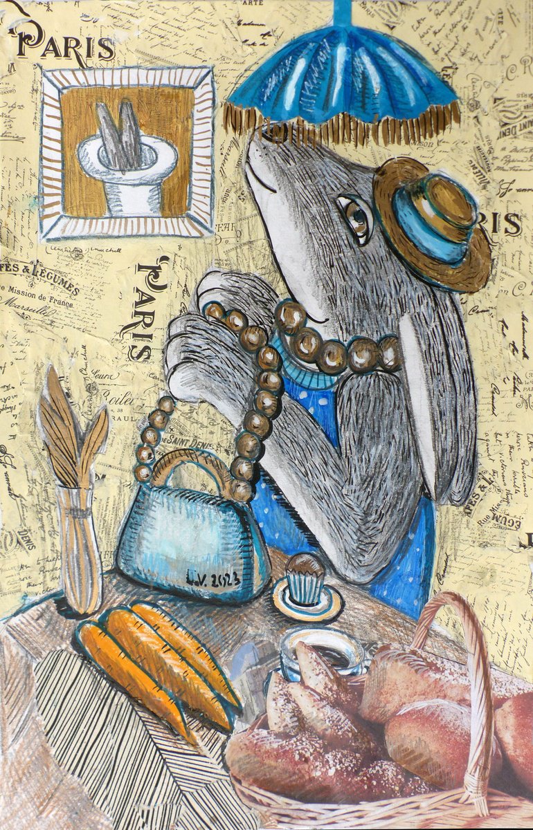 Naive Animal Painting By Elizabeth Vlasova, 12 X 18, At The Bakery, Original Artwork