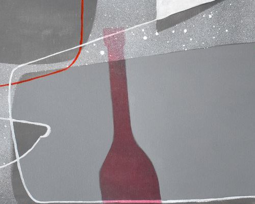 Abstract stillife Dancing Gray Bottles-2, canvas 47x16 inch by Hilde Hoekstra