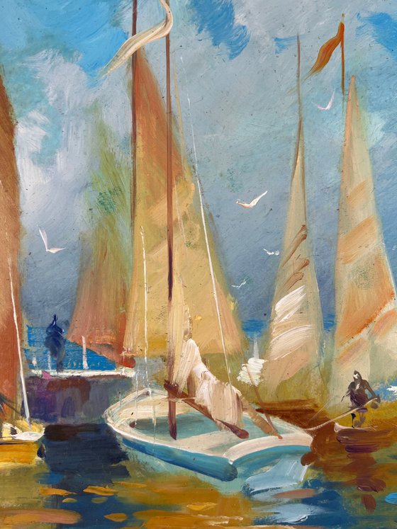 Sailing Boats Moored in Front of the Sea
