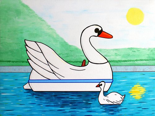 Swan Boat With Swan on Boating Lake - Spring Version - Painting on Canvas by Ian Viggars