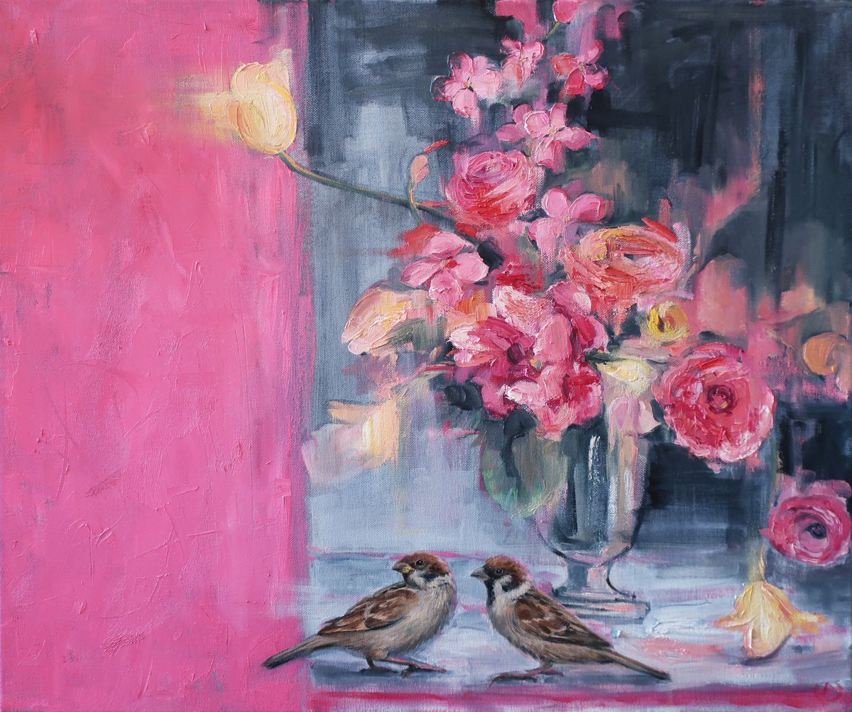 Oil Painting Flowers Birds Sparrows Pink by Anna Shchapova