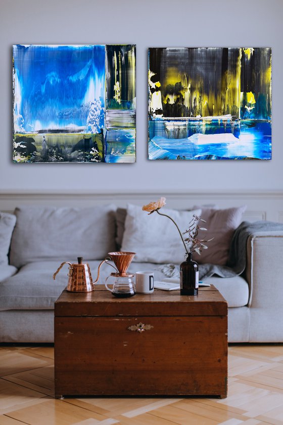 "Cold Front" - Save As A Series - Original PMS Abstract Acrylic Painting Diptych On Recycled Wooden Desk Panels - 54" x 26"