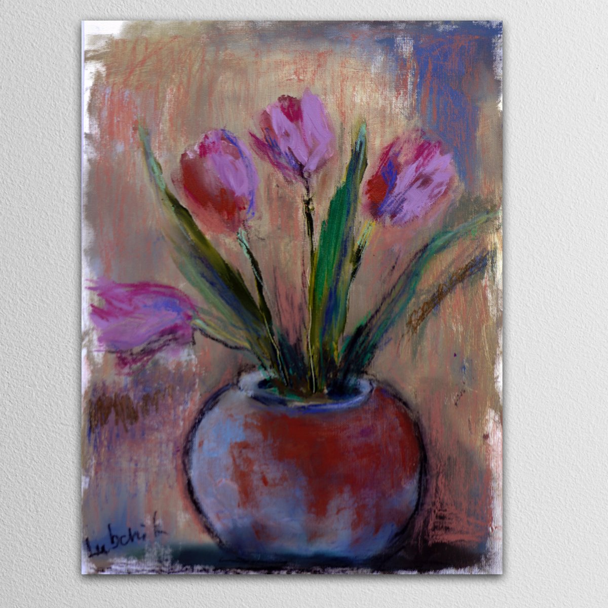 Floral Still Life - Tulips in a Vase -Original Painting on Paper by Anna Lubchik