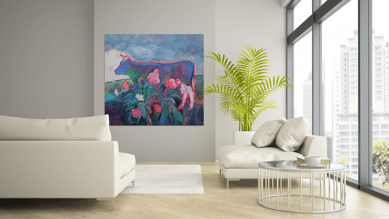 Neon Cow and Peony Bush