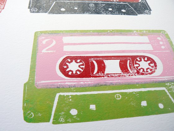 Linocut tapes #2 (cassette tapes, retro music, 70's, 80's rock culture)