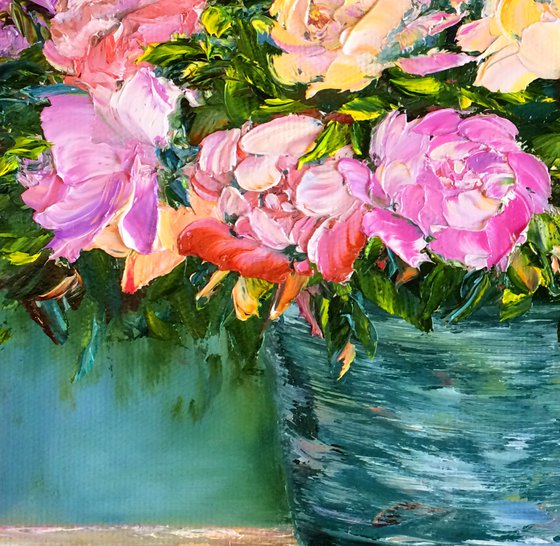 BOUQUET OF TENDERNESS - Lush peonies. garden roses. Lilac in a vase. Bouquet decor. Still life with peonies. Yellow flowers. Blue gamma.