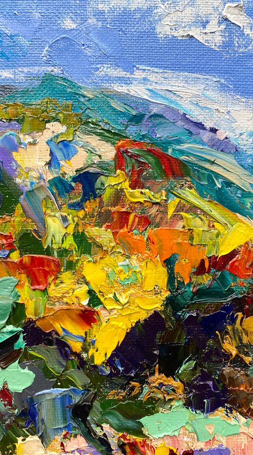 "Sun in mountains", 18*24cm, impressionistic oil mountains landscape etude painting by Olga Blazhko