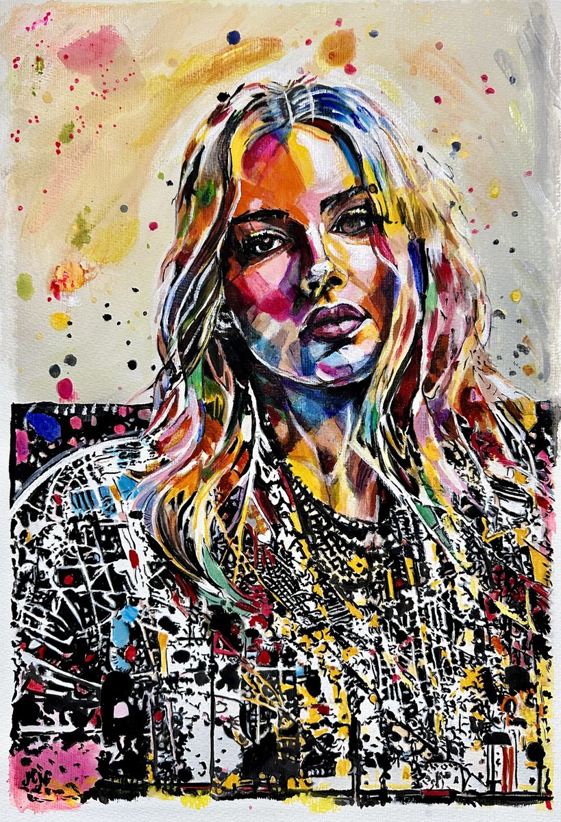 Abstract Portrait Acrylic Painting By Misty Lady - M. Nierobisz, 13 X 19", Neon Melancholia, Original Artwork