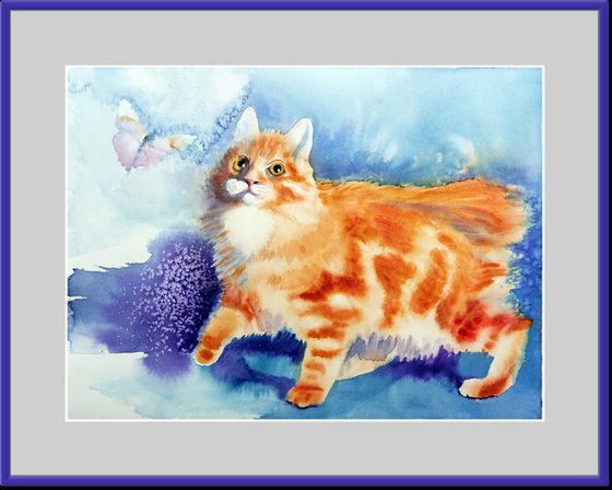 Red-Haired Cat Playing with a Butterfly Watercolor Animal Pet Painting