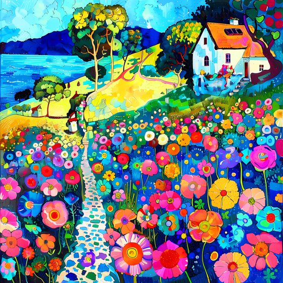Cozy house near a river lake. Bright colorful fairytale impressionistic floral landscape with pink flowers. Hanging large positive relax wall art for home decor