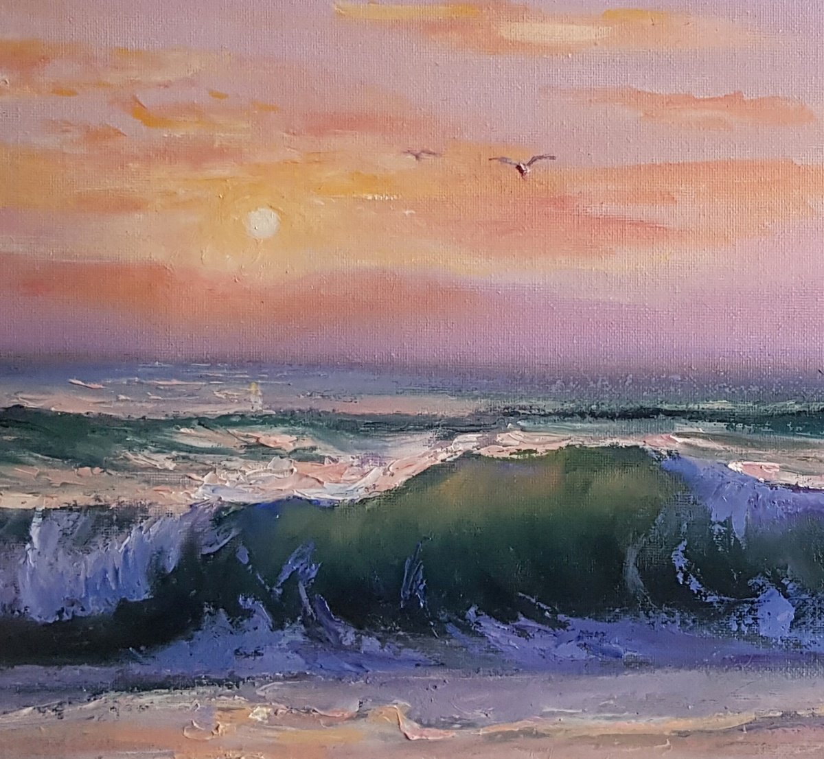 Expressive Landscape Oil Painting By Olga Lomax, 22 X 18", Moonlight On The Coast, Original Artwork