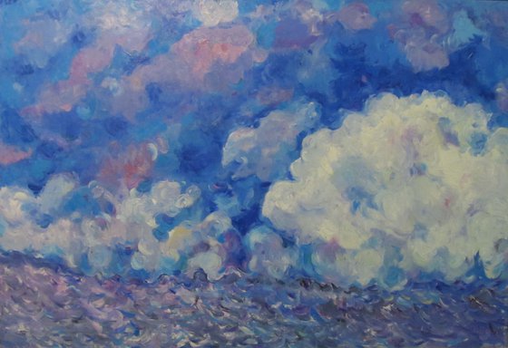 CLOUDS IN HIMALAYAS - large original impressionistic painting, blue sky landscape, skyscape cloudscape