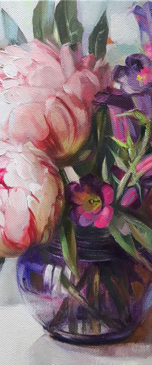 Bluebell and peonies flowers by Nataly Derevyanko