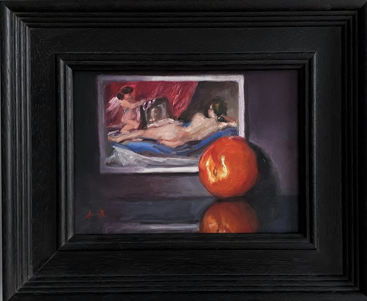 Velzquez & Nectarine Still Life original oil realism painting, with wooden frame. by Jackie Smith