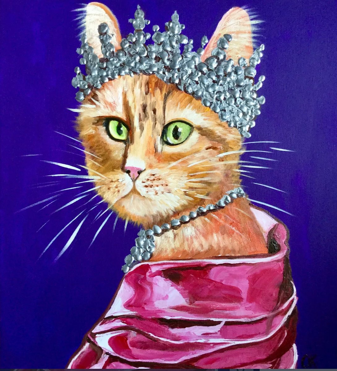 Expressive Animal Oil Painting By Olga Koval, 18 X 20", The Cat Queen, Original Artwork
