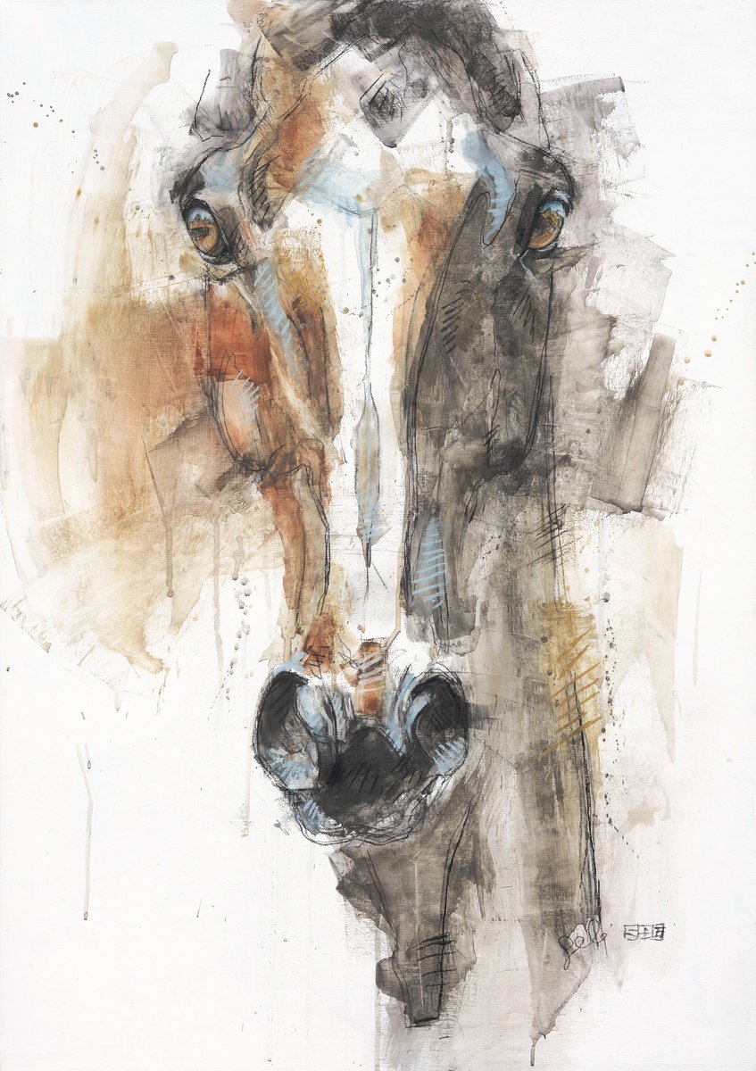 Expressive Animal Pastel Drawing By Benedicte Gele, 26 X 36, Face To Face 13P, Original Artwork