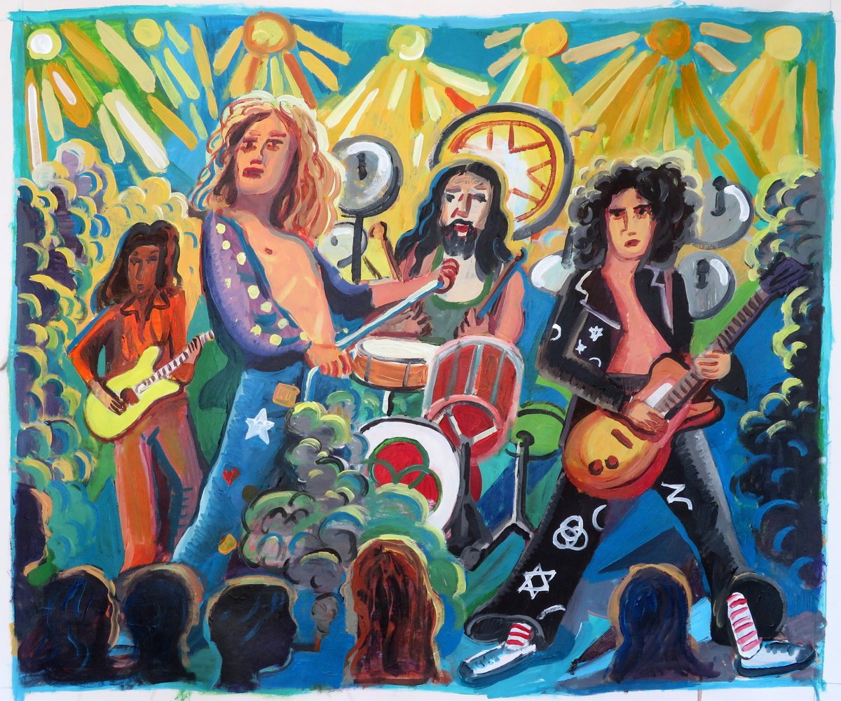 Urban And Pop Portrait Acrylic Painting By Stephen Abela, 33 X 27", The Rock Concert, Original Artwork