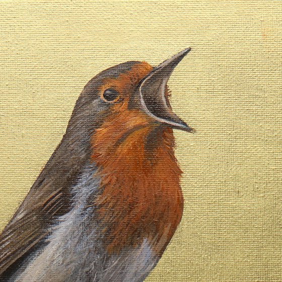 Red Robin, Gold Background, Bird Artwork, Animal Art Framed