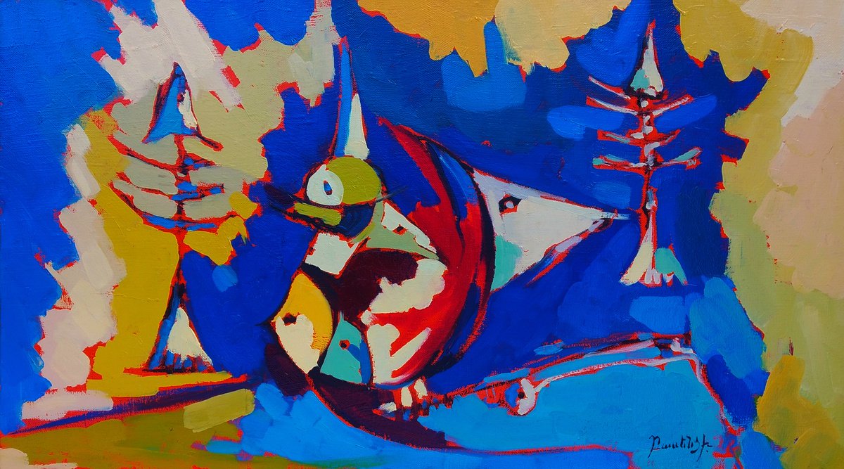 Abstract - Fishes (70x40cm, oil painting, ready to hang) by Artyom Basenci