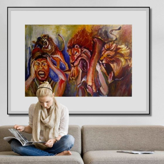 LIONS' HUNTERS - Extra large Painting - 150x100 cm