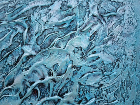 CORAL REEF. Large Abstract Blue Teal Silver Textured Painting 3D