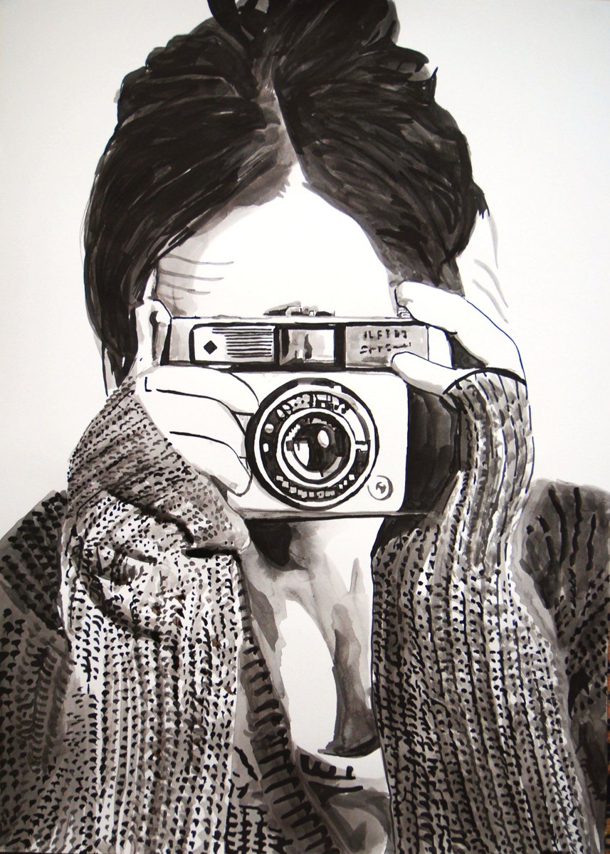 Urban And Pop Portrait Ink Drawing By Alexandra Djokic, 20 X 28, Girl With Camera, Original Artwork