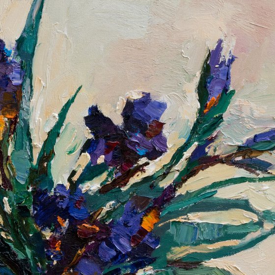 Irises still life painting 80 x 80 cm Original oil painting