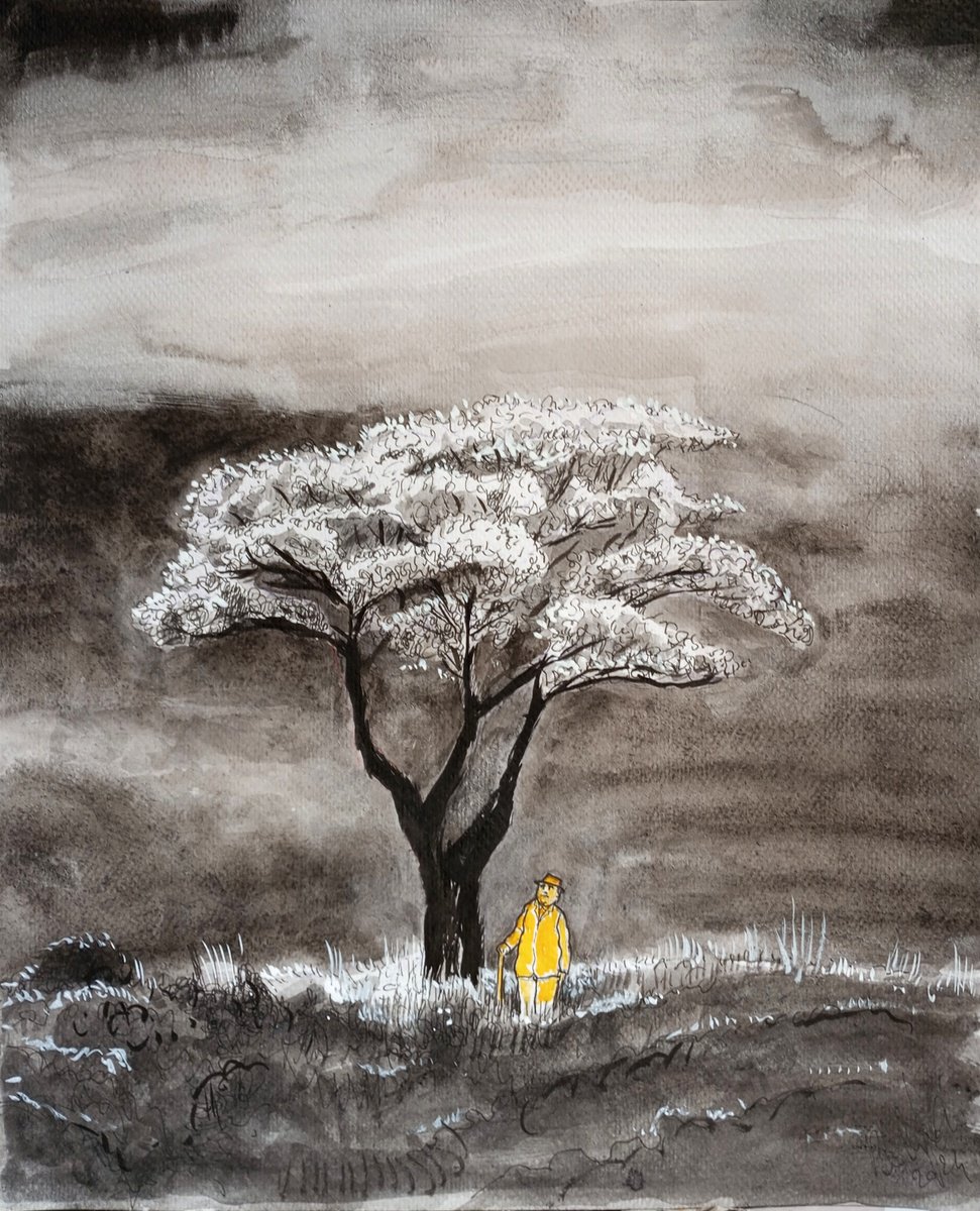Illustrative Landscape Drawing By Paolo Beneforti, 9 X 12", Tree With Yellow Man, Original Artwork