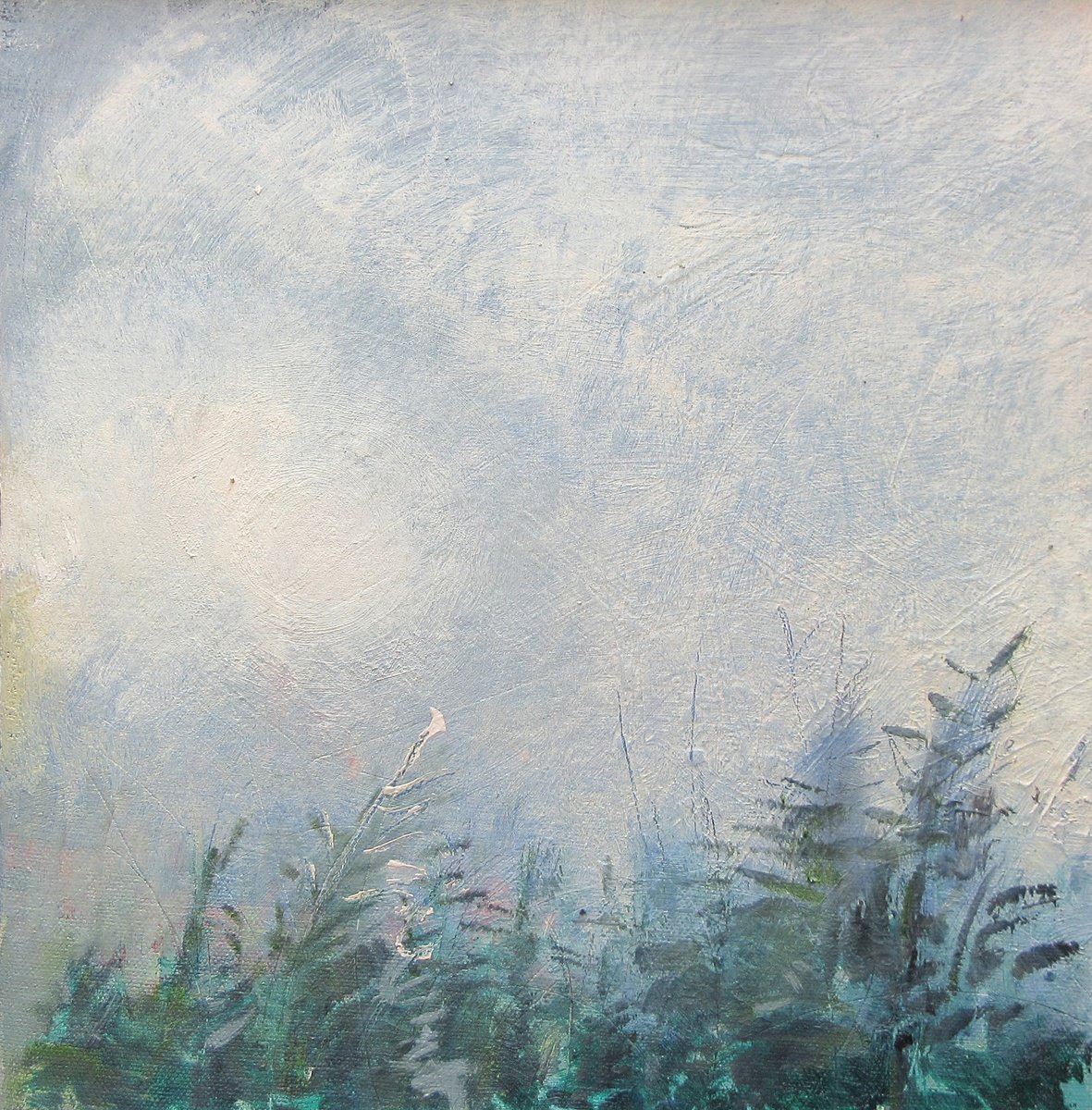 Impressionistic Landscape Oil Painting By Alan Pergusey, 12 X 13, Treetops, Original Artwork