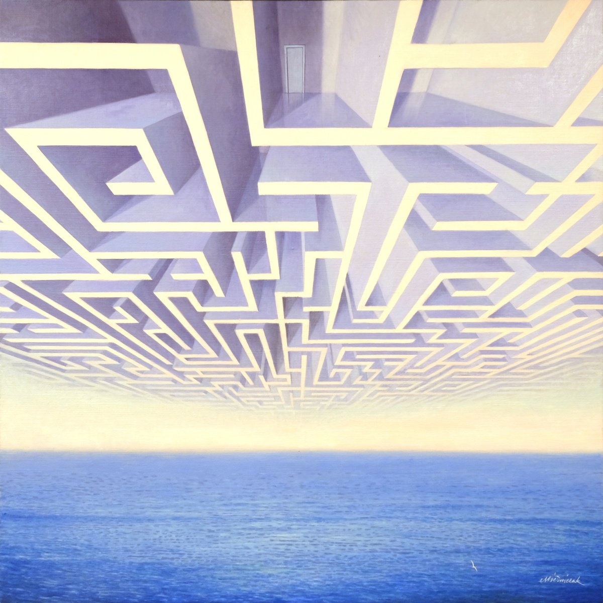 Surrealistic Landscape Oil Painting By Richard Mierniczak, 47 X 47", Room With Sea View, Original Artwork