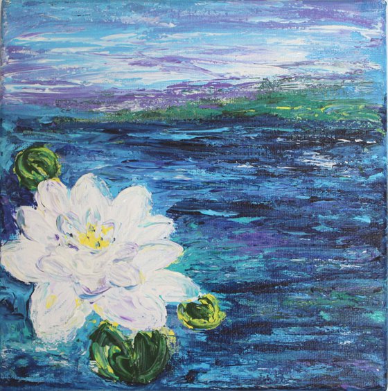 Pristine - Lily pond - floral painting - Claude Monet inspired impressionistic acrylic painting on canvas- water lily