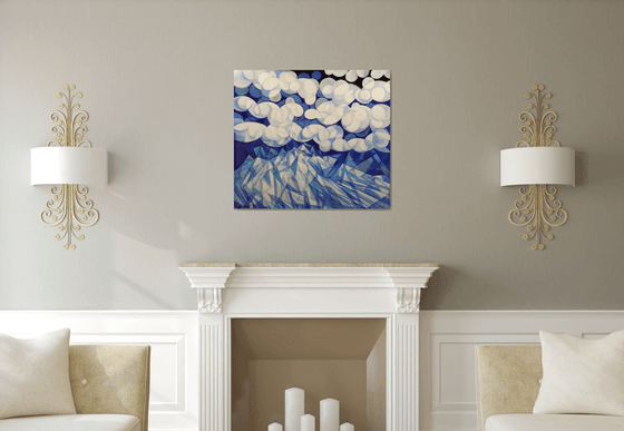 Winter evening (90x80cm, cubism, oil painting, ready to hang)