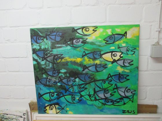 blue fishes jumping