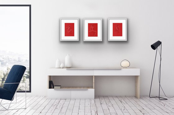 Set of 3 nude women - Red and white sensual female portrait - Erotic mixed media triptych