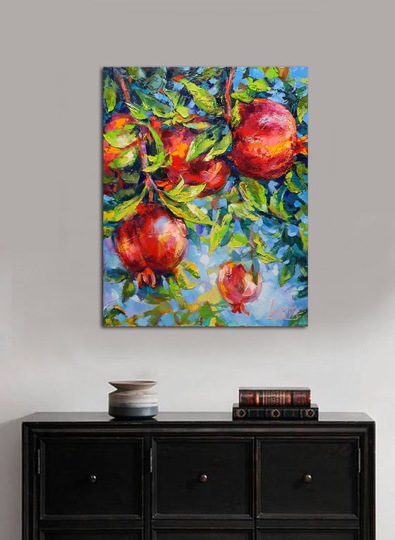 Painting original oil stil life - Pomegranates, Fruits Red