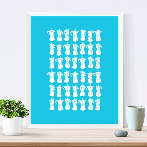 Moka Express Coffee Pot Print in White on Turquoise 40cm x 50cm Size - Framed - FREE UK Delivery