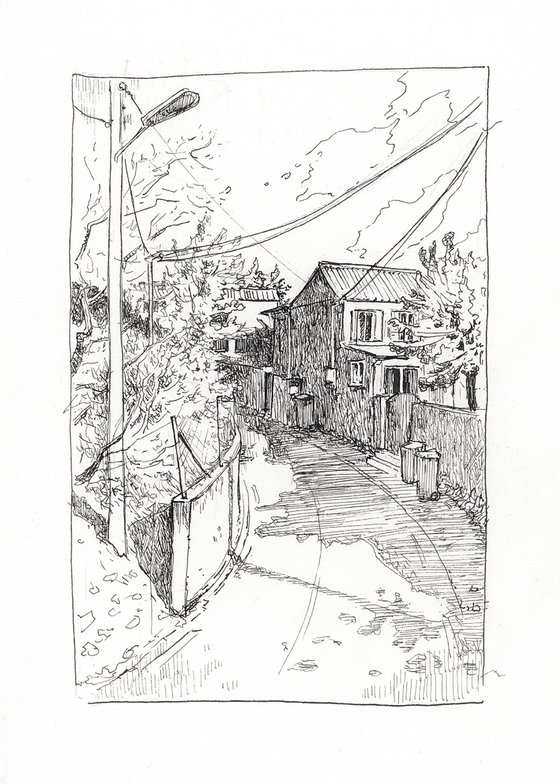 French village. Landscape drawing. Black and white art