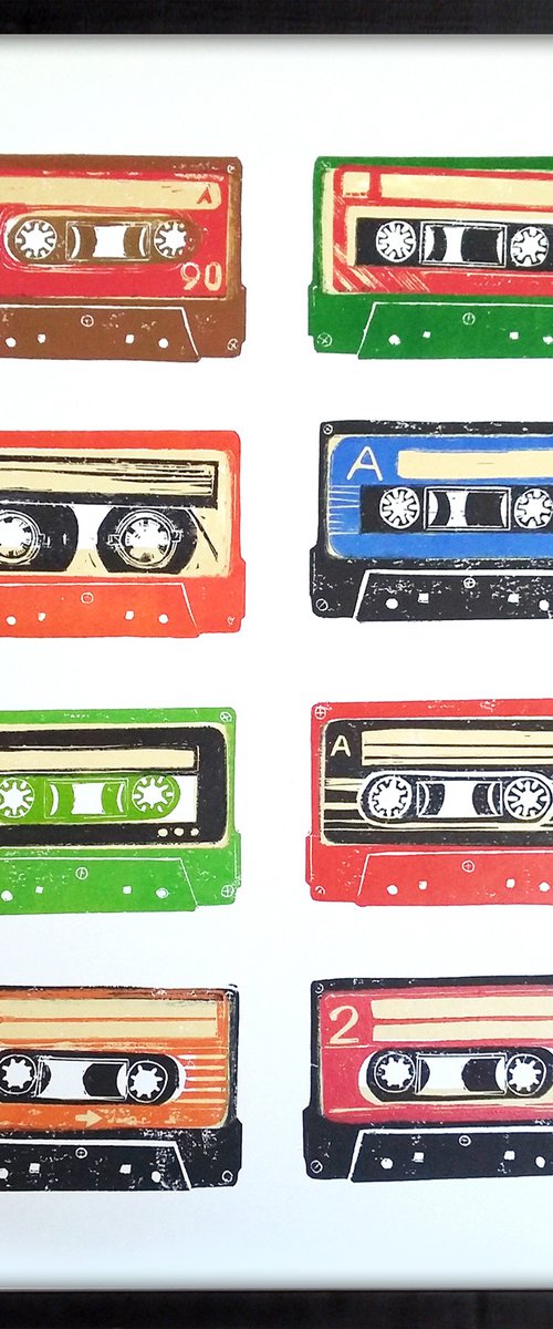 Linocut tapes #44 - framed and ready to hang (cassette tapes, retro music, 70's, 80's rock culture) by Carolynne Coulson
