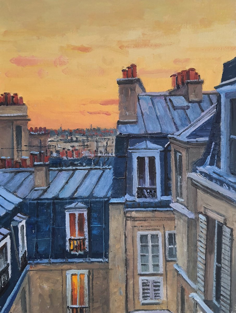 Impressionistic Cityscapes Oil Painting By Roberto Ponte, 12 X 16", Paris Rooftops Sunset, Original Artwork