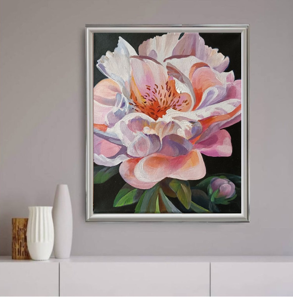 Illustrative Botanical Acrylic Painting By Olga Lomax, 10 X 12", Playful Peony, Original Artwork