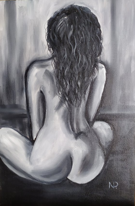 Morning meditation, nude erotic girl sitting oil painting, black and white art