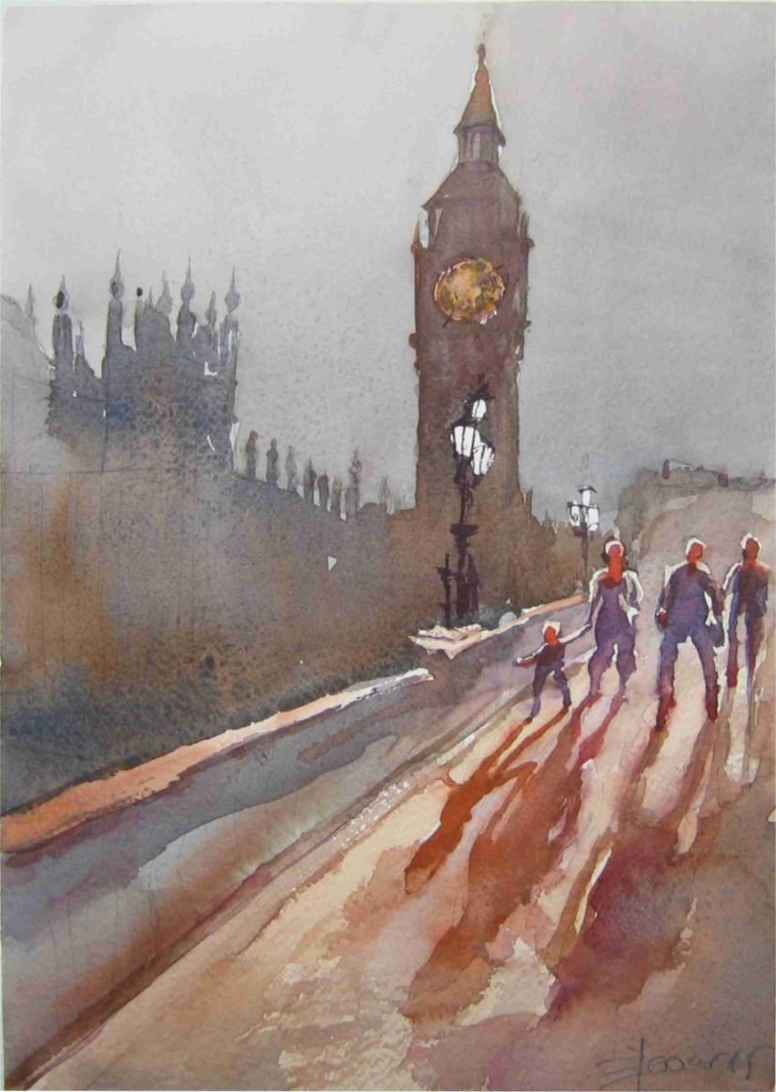 Expressive Cityscapes Watercolour By Goran Zigolic Watercolors, 10 X 14, Big Boy And Little Boy..., Original Artwork